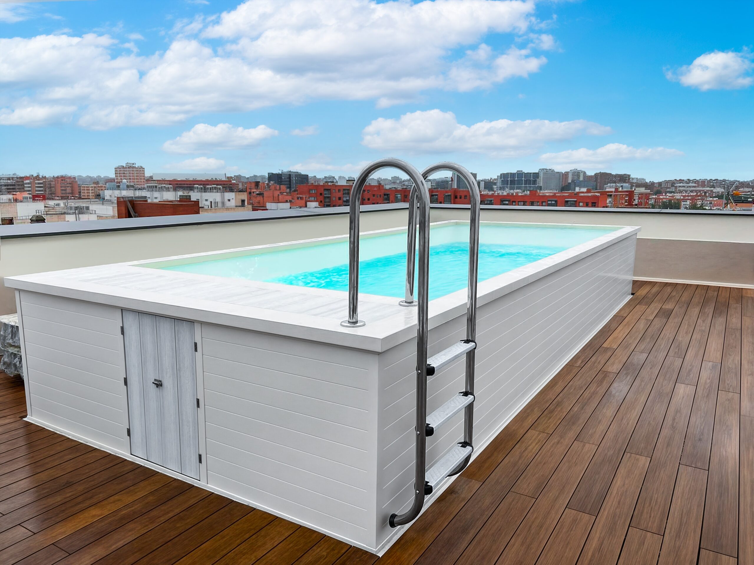 White aluminium rooftop above-ground pool with a metal ladder, overlooking the city skyline